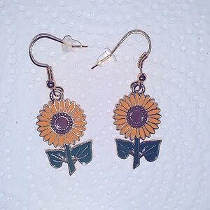GOLD Sunflower  Dangle Earrings on gold plate over Stainless Steel NEW